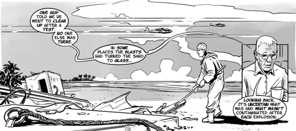 Comic panel shows a man in protective gear clearing debris on a beach after a nuclear test. Narration mentions sand turning to glass and uncertainty about contamination.